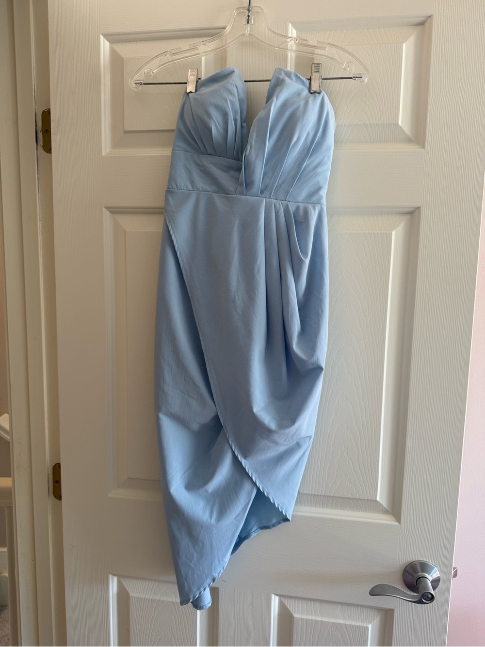L'ATISTE Powder Blue Strapless Draped Mini Dress